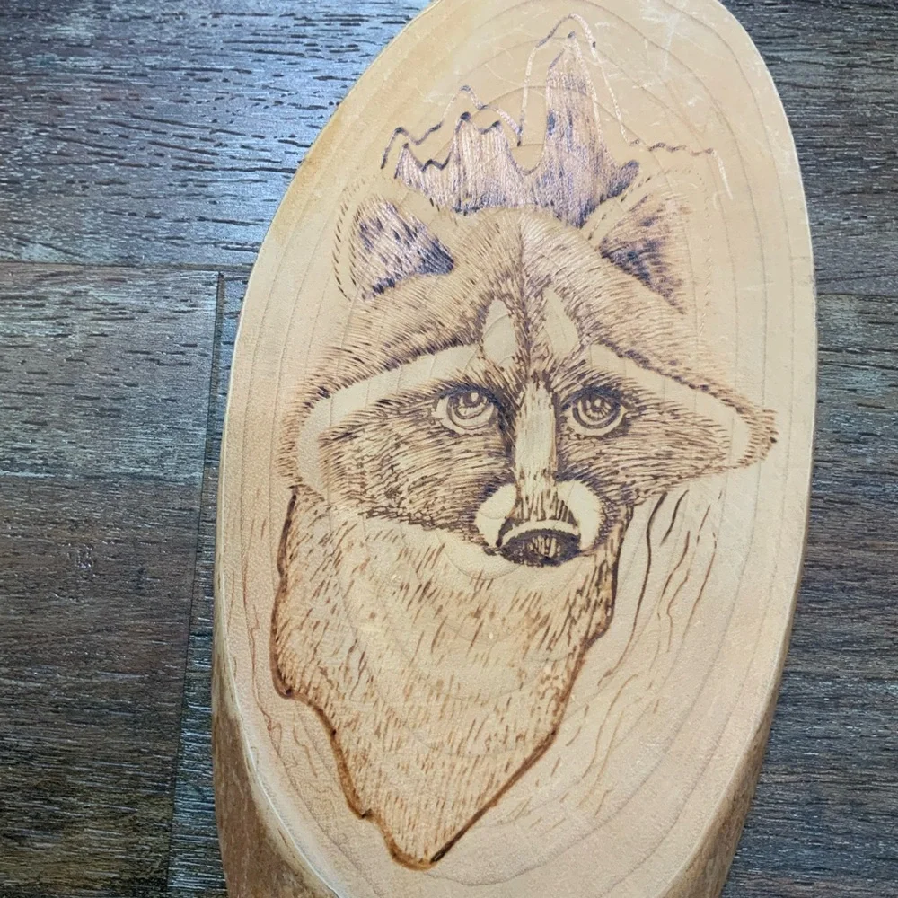 Raccoon wall sculpture burn etched wood slab plaque